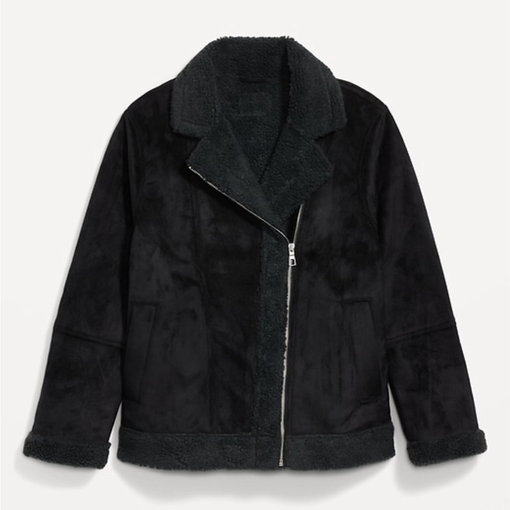 Black Old Navy size Medium Petite faux-suede Sherpa-lined moto jacket for women